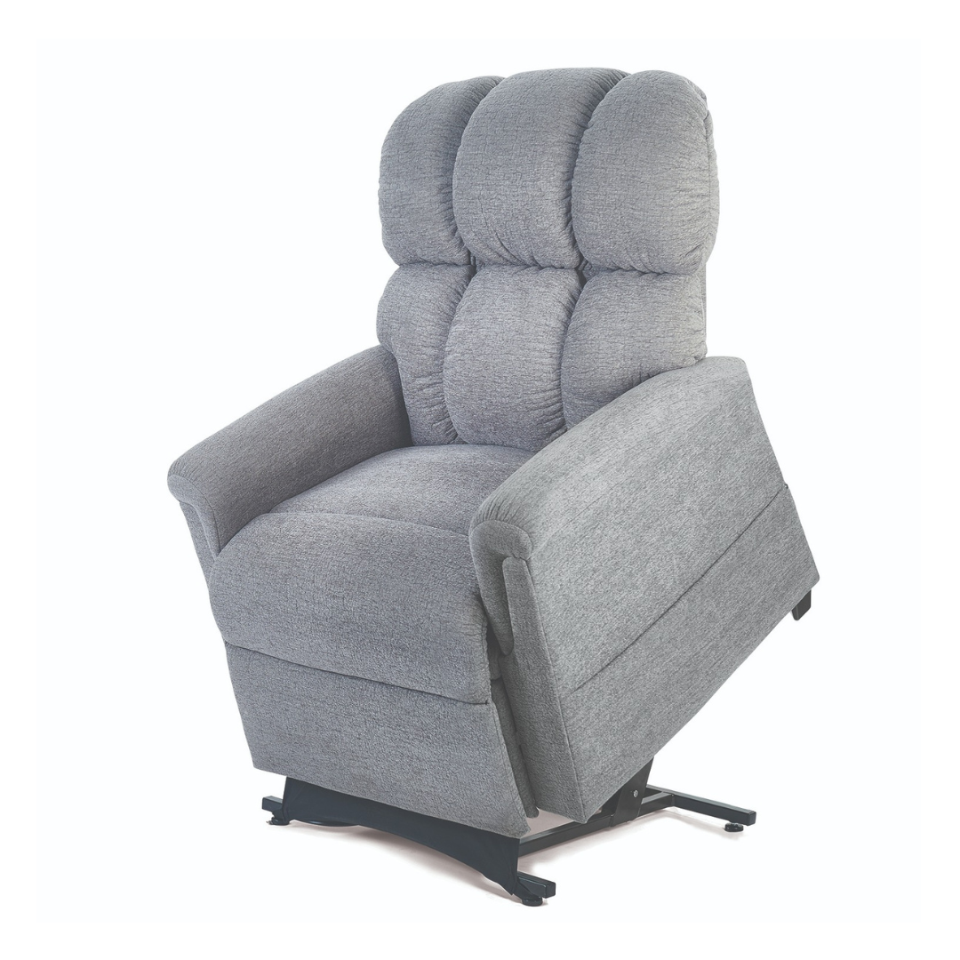 The Golden Tech PR531 Comforter Recliner w/ Lift Assist features gray upholstery, plush cushions, and padded armrests. Its mechanical lift base helps users stand up with ease.